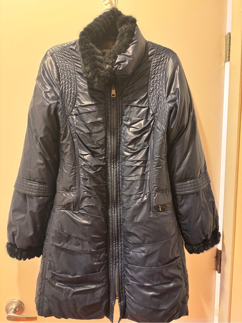 Roberto Cavalli Real Mink Fur Trim Goose Down Puffer Coat Navy Blue IT 42 (US 6)